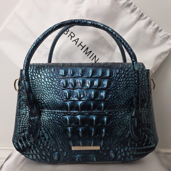 Brahmin Handbags - Brahmin Estelle Iridescent Teal Croc-Embossed Top-Handle Satchel